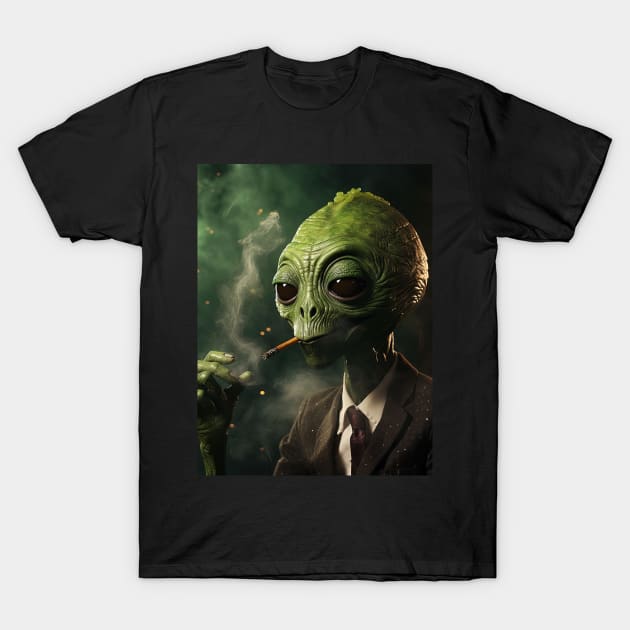 Green Alien Smoking a Cigar T-Shirt by Maverick Media